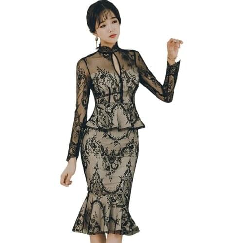 Spring Lace Dresses Black Stand Collar Long Sleeve Bodycon Bandage Elegant Women Dress Vintage Sexy Party Midi Mermaid Dress