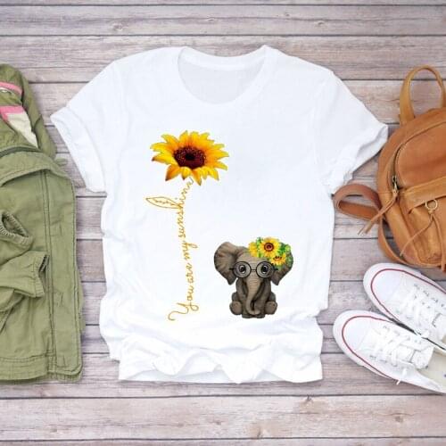 Women Cartoon Kawaii Elephant Flower Animal 90s Print Lady T-shirts Top Womens Graphic T Shirt Ladies Female Tee T-Shirt