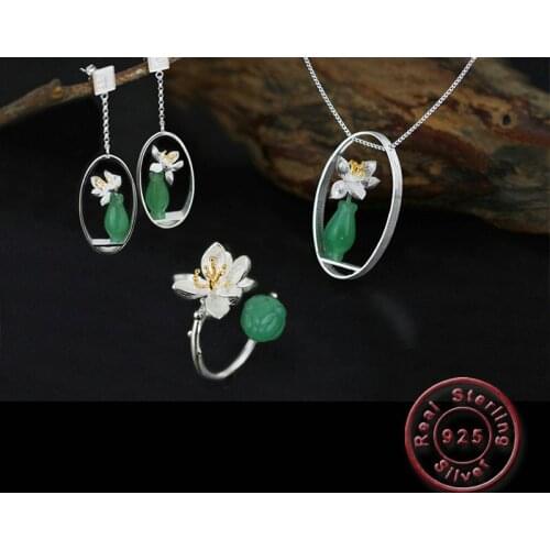 Amxiu Precious Natural Stone Necklace Earrings Ring Set 925 Sterling Silver Lotus Buds Flower Jewelry Sets For Women Mother Gift