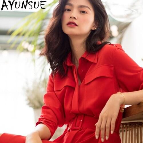 AYUNSUE 2021 Spring Summer Dress Woman Korean Red Dresses for Women Elegant Midi Shirt Dress Female Long Sleeve Vestido De Mujer
