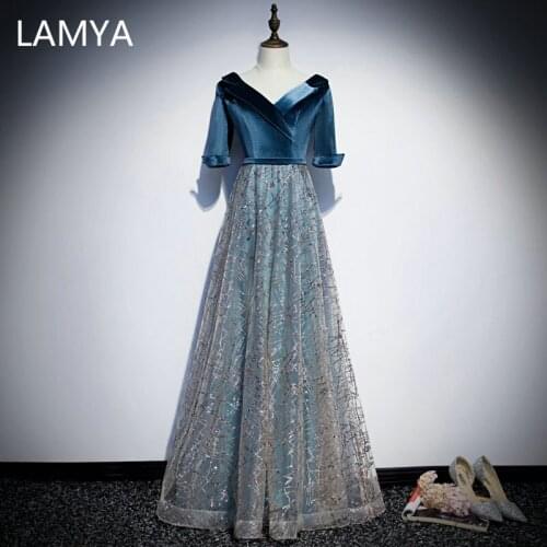 LAMYA Sexy V Neck Evening Party Dress With Velour Half Sleeve Formal Dresses Vintage A Line Evening Gowns Women Robe De Soiree