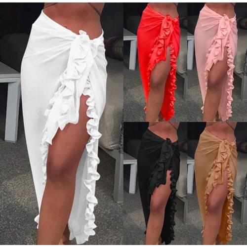 Women Chiffon See-Through Beach Bikini Cover Up Wrap Scarf Swimwear Pareo Sarong Dress Solid Ruffle Casual Beach Dress