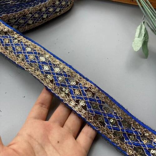 2 Yards 4cm Ethnic Blue Thread Sequins African Lace Trims Geometric Lace Ribbon DIY Sewing Dress Decoration Bridal New