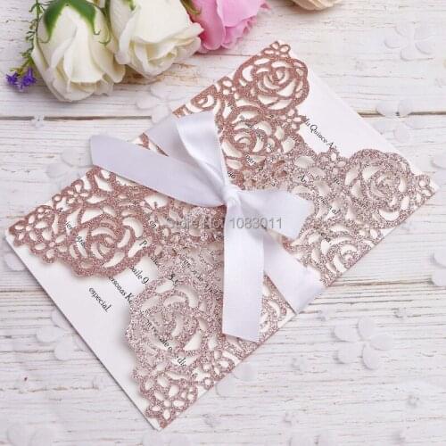PONATIA 20 PCS Laser Cut Bling Invitations Card With Ribbon For Wedding Bridal Shower Engagement Birthday(Rose gold glitter)
