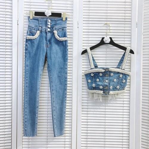 2021 Summer New Womens Fashion 2pcs Luxury Short Beading Tassels Denim Camisole Tops and High Waist Pencil Pants Jeans Y1395