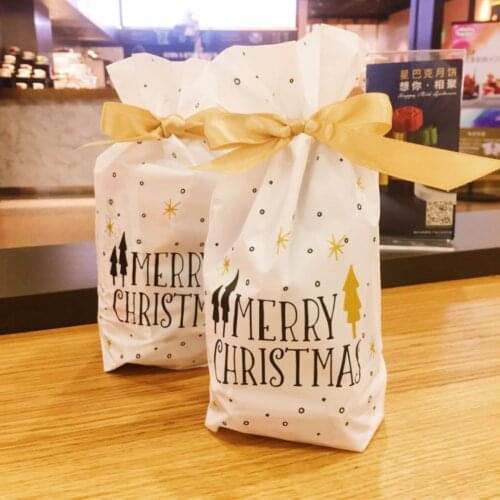 50pcs/lot merry christmas gold tree Plastic Drawstring Bag Birthday Party Wedding Decor for cookie candy bag cake giving gift