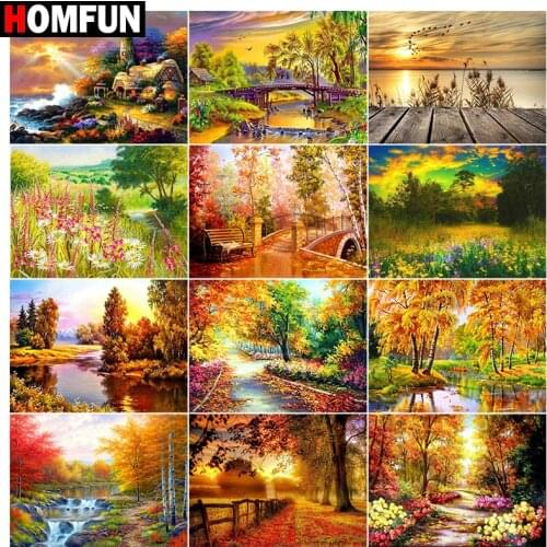 HOMFUN DIY 5D Diamond Painting "Forest lake autumn" Full Diamond Embroidery Sale Picture Of Rhinestones For Festival Gifts