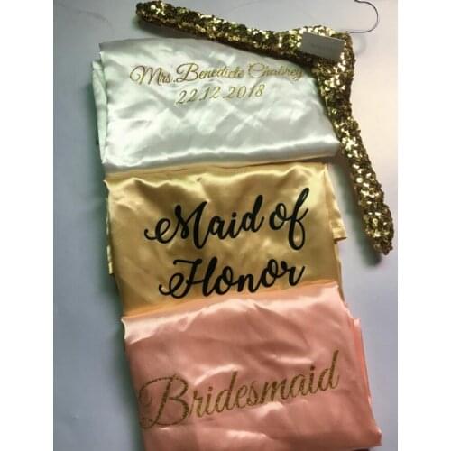 Customize titles color wedding Bachelorette Bridesmaid bride satin pajamas robes maid of honor kimonos gowns gifts party favors