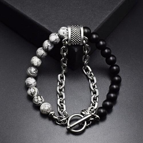 Natural Stone Beads Tiger Eye Bracelet For Women Men Lava Map Stone Beaded Stainless Steel Charm Bracelets Female Male Jewelry