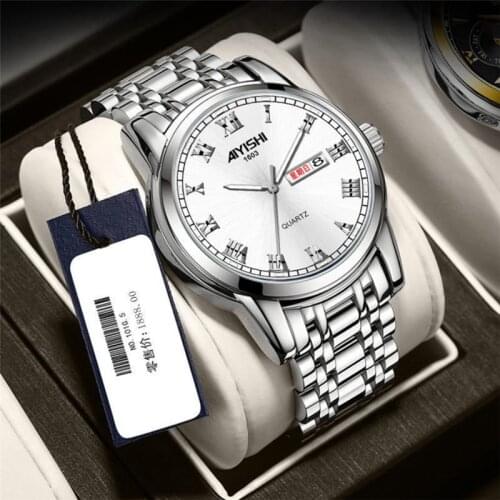 Genuine Watch Classic Stainless Steel Mens Watch Calendar Display Date Can Chinese or English Switch to Use Quartz Clock A4155