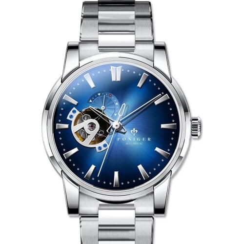 PONIGER Men Business 50M Waterproof Fashion Hollow Out Dial Automatic Self-wind Mechanical Wrist Watches - Steel