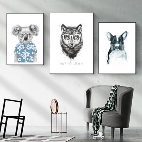 Black and White Animals Canvas Paintings Dog Panda Lion Posters and Prints Nordic Wall Art Pictures Living Room Home Mural Decor