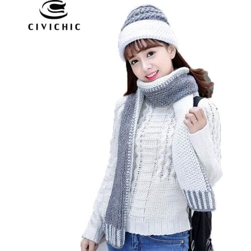 CIVICHIC Women Winter Knit Scarf Hat Warm Set Colors Head Wear Pompon Beanies Skullies Cap Lady Thicken Shawl Neck Warmer SH158