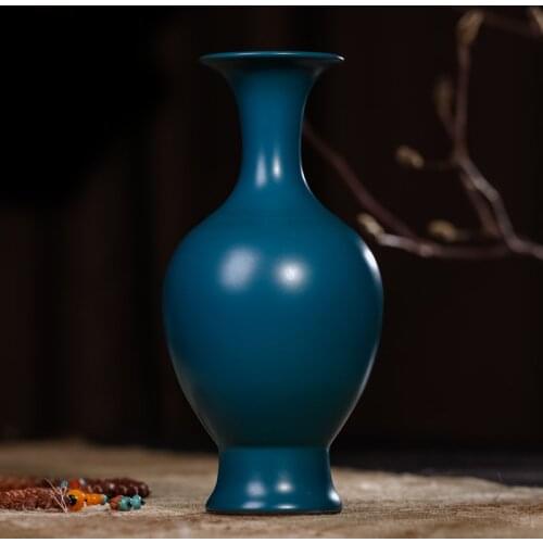 Jingdezhen Ceramic Vase Antique Peacock Blue Color Glaze Vase Living Room Household Flower Vase Ornaments Antique Decorations