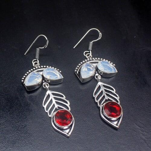 Gemstonefactory Big Promotion Unique 925 Silver White Opal Red Garnet Exotic Women Ladies Gifts Dangle Drop Earrings 20212222