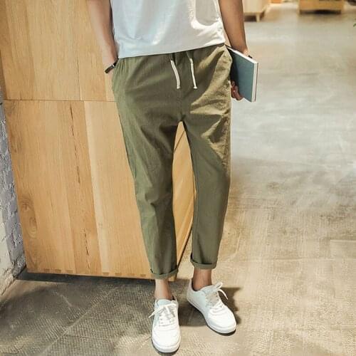 Hot Summer 2020 Joggers Linen Slacks Mens Nine Minutes Of Pants Pure Color Cultivate Ones Morality Mens Trousers Free Shipping