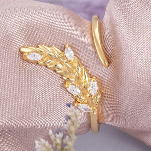 Gold Zircon Olive Tree Leaf Rings For Women Open Adjustable Wheat Ears Ring Lucky Jewelry Accessories Bijoux Femme