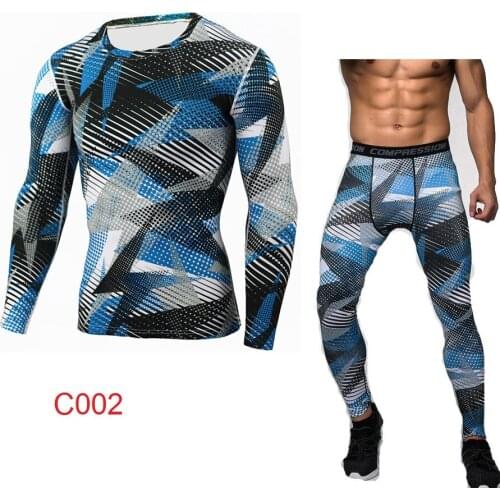 Mens Sportswear Super Cool Camouflage Clothing Compression Sport Leggings T-shirt Set Long Sleeves Jogging Training Mens Cloth