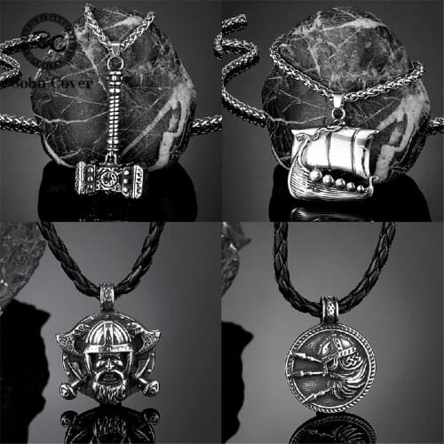 Punk Odins Hammer Leather Necklaces Mens Vikings Stainless Steel Thors Mjolnir Pendant Norse Vegvisir Amulet Retro Male Jewelry