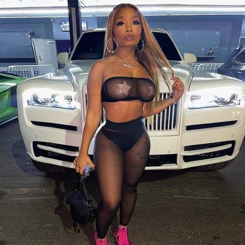 2021 New Silid Color Hollow Out Chest Suit Wrapped Sexy Nightclub Outfits High Waist Slim Pants Mesh Suit Two Pieces Set Female