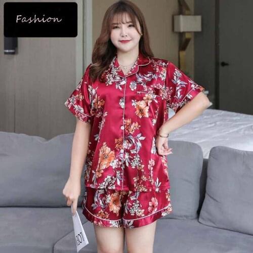 Large Size Satin Silk Printed Sleepwear Short Sleeve Home Pajamas Set Summer Lounge Sweet Loose Comfortable Shorts Homewear 5XL