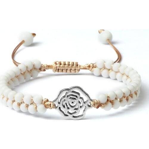 Simple Flower Charm Bracelets 4mm Natural White Porcelain Black Matte Beaded Handmade Braided Women Bracelet Friendship Jewelry