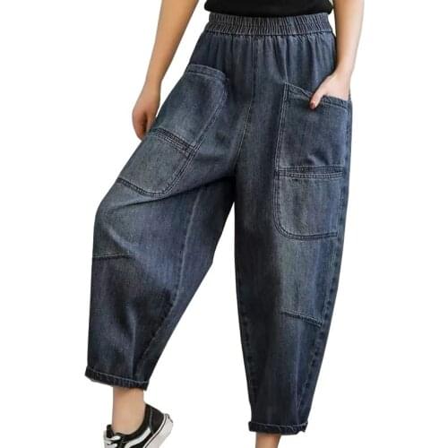 Plus Size Vintage Jeans Autumn New Arts Style Women Elastic Waist Loose Jeans All-match Casual Cotton Denim Harem Pants LU2064
