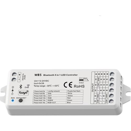 Bluetooth RF 5 in1 LED controller WB5 voice control Control RGB, RGBW, RGB+CCT, color temperature or monochrome LED lights