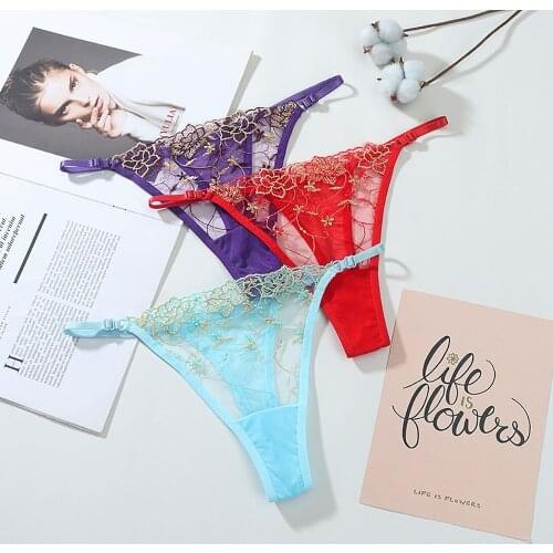 Embroidery Flowers Panties Underwear Women Lace Mesh Thong G String T-Back Low-waist Female Sexy Briefs Underpants Lingerie