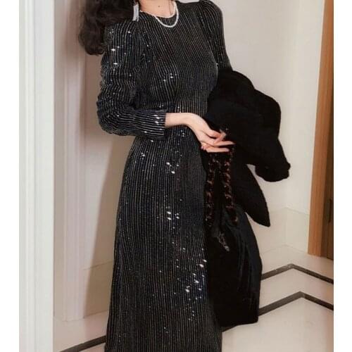 European Spring Autumn New Halter Sexy Back Deep V Bow Tie O Neck A-line Mid-length Sequined Dresses Women Fashion Streetwear