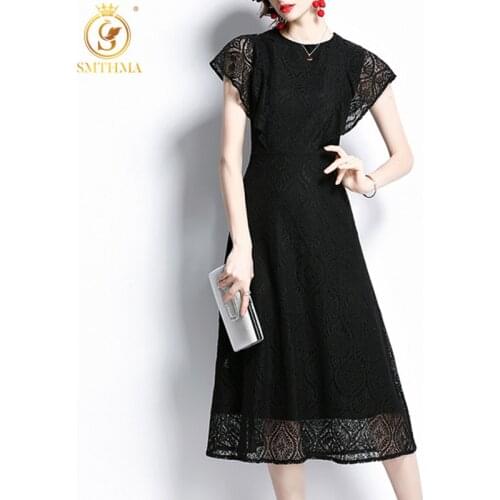 Vintage Black Lace Hollow Out Summer Dress For Women O-Neck Short Sleeve High Waist Dresses Female 2021 Fashion New Clothes