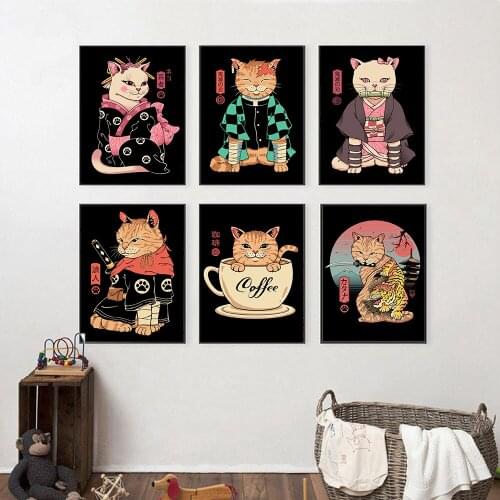 Japanese Demon Cat Girl Art Poster Cartoon Samurai Neko Geisha Cat Coffee Print Retro Canvas Painting Kidroom Home Decor Picture