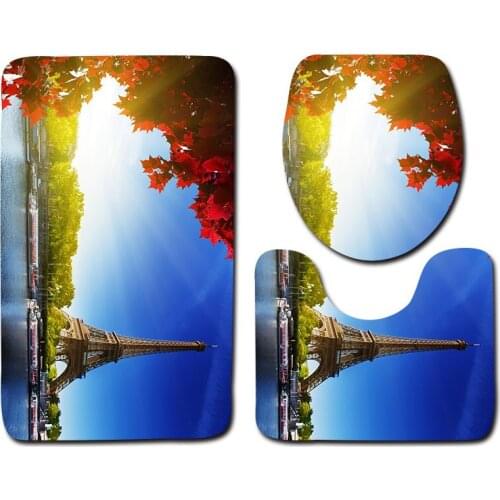 Zeegle Tower Printed 3Pcs Toilet Rugs Set Non-Slip Pedestal Rugs Lid Toilet Cover Bath Mat Set Bathroom Carpets Shower Mats
