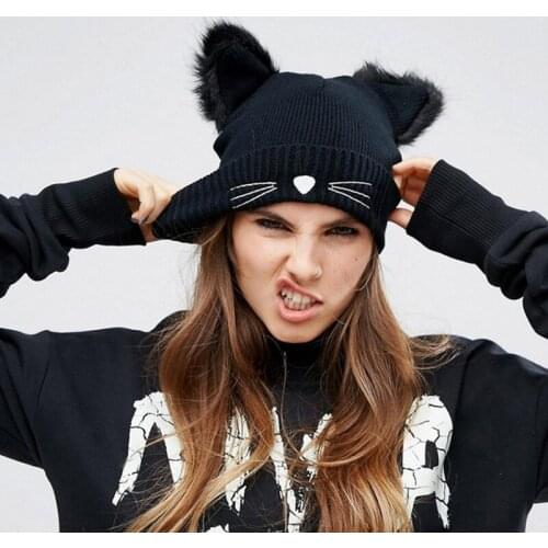Autumn and Winter Hats Women Fashion Knitted Cartoon Hat Girls Cute Cat Ear Design Cap Womens Black Beanies Female Harajuku Caps