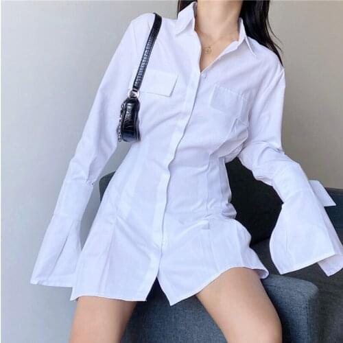 SURUFENG Long Sleeve White Pleated Shirts Women Casual Turn Down Collar Broadcloth Blouse Fashion Lady A Line Style Vestidos Top