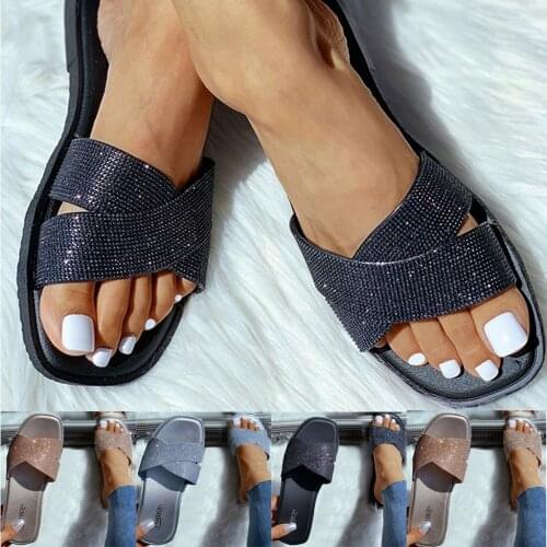 2021 Sandals Summer Womens Plus Size Slippers Sequins Rhinestone Flat Open Toe Soft Comfortable Ladies Summer Slippers Sandals