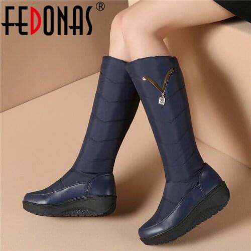 FEDONAS Classic Down Female Big Size Wedges Snow Boots Winter Warm Metal Women Knee High Boots Casual Shoes Woman Long Boots