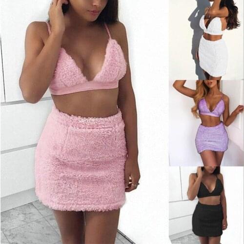 2Pcs Womens Sexy Clothes Set Off Shouler Halter Bra Crop Tops 2020 Summer Beach Slim Mini Skirt Bodycon Furry Ladies Party Dress