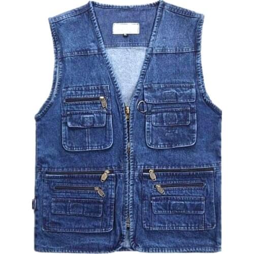 2020 Men Classic Work Denim Vest Multi Pockets V-Neck Solid Color Waistcoats For Male Sleeves Jeans Jackets
