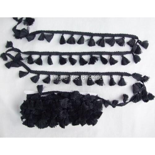 3Yards/Lot Vintage 100% cotton knotted Black fringe trim with cute tassels 1cm width tape 1.5cm length tassels