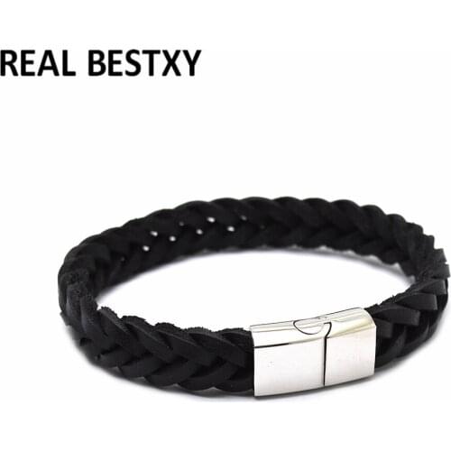 5pcs/lot custom logo Genuine Leather Bracelets For Men Black Mens Leather Bracelet 2020 Male Jewelry Wholesale Stainless Steel