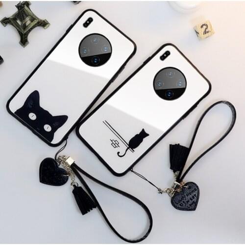 For Xiaomi Poco F2 Pro X2 Mi Note 10 Lite pro Case Cute Cartoon Cat Hard Glass Cover For Xiaomi Mi 10 lite 9 pro 8 se Give Strap