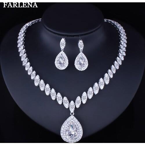 FARLENA Jewelry Silver Plated Water Drop Necklace Earrings set with Cubic Zirconia Fashion Bridal Wedding Jewelry sets