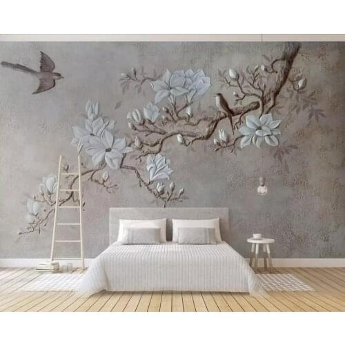 Customized 3D relief magnolia magpie background wall painting on the branches