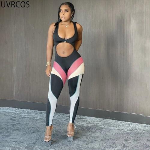 UVRCOS Summer Casual Overalls For Women Skinny Jumpsuit Color Patchwork Body Cut Out Sleeveless One Piece Pencil Pants Sportwear