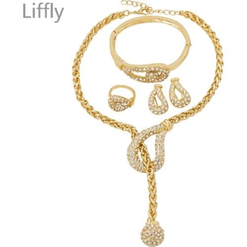 Liffly Nigeria Dubai Gold Jewelry Sets for Women Indian Bridal Gift Crystal Necklace Bracelet Earrings Ring Wholesale Jewelry