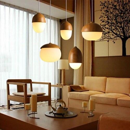 Creative Glass and Wood Nuts Pendant Lights Warm Yellow and White Bulb Lamp luminaria