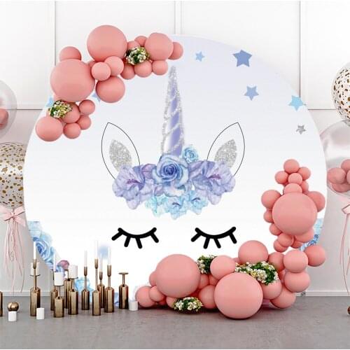 Laeacco Blue Unicorn Silver Glitters Photography Backgrounds Baby Shower Flowers Customized Banner Round Circle Photo Backdrops