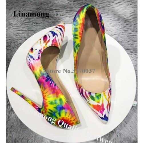 Linamong Newest Pointed Toe Multi-colors Flowers Printed Stiletto Heel Pumps Pointed Toe Patchwork 8cm 10cm 12cm High Heels