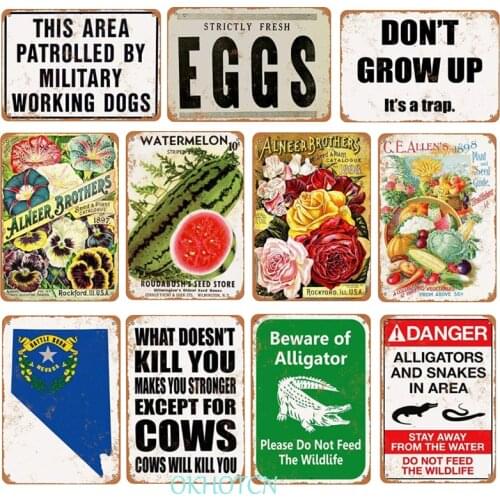 Metal Plaque Fruit Vegetable Eggs Tin Sign Vintage Shabby Chic European Style Retro Plate for Kitchen Garden Market Wall Decor